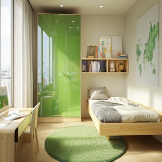 Modern Kids Room Design With Glossy Green Swing Wardrobe